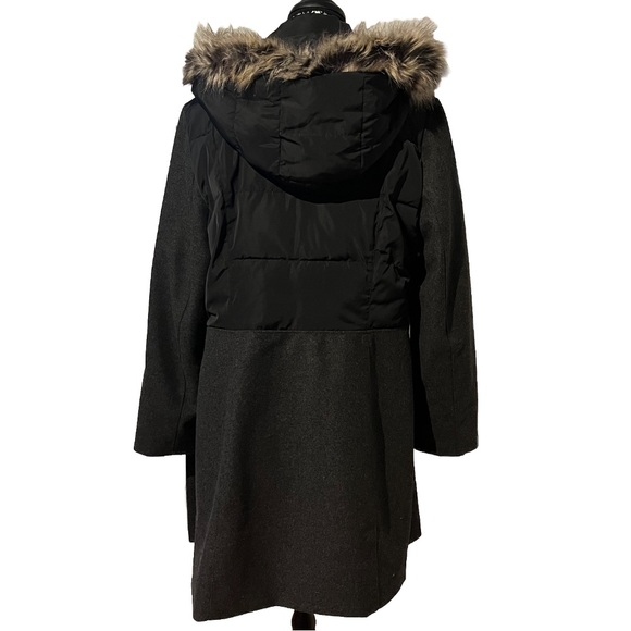 SOLD Lands End Wool Denali Like Long Coat Faux Fur Detachable Hood Gray Black - Picture 3 of 14